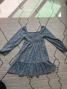 Maternity Blue Floral Smocked Waist Long Sleeve Dress